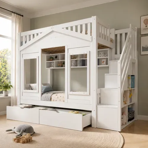 Lit Superposé Enfant 90x200 Cm Avec Escalier Avec Rangement, Lit Mezzanine, Bois Massif, Blanc