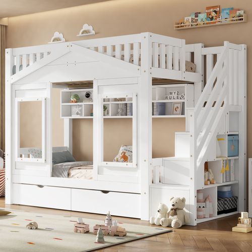 Lit Superposé Enfant 90x200 Cm Avec Escalier Avec Rangement, Lit Mezzanine, Bois Massif, Blanc