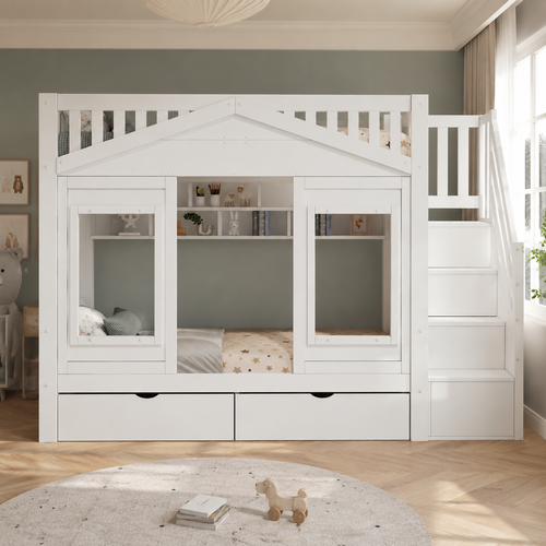 Lit Superposé Enfant 90x200 Cm Avec Escalier Avec Rangement, Lit Mezzanine, Bois Massif, Blanc