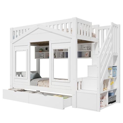 Lit Superposé Enfant 90x200 Cm Avec Escalier Avec Rangement, Lit Mezzanine, Bois Massif, Blanc