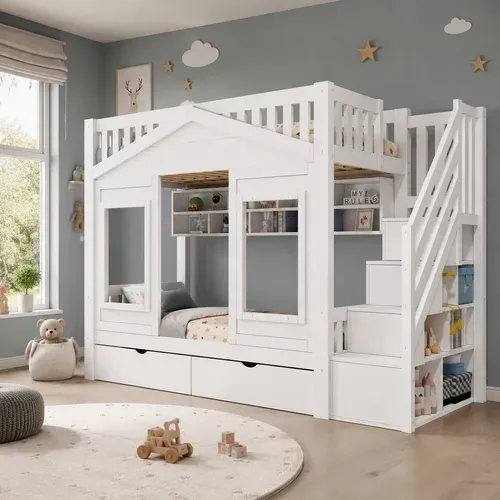 Lit Superposé Enfant 90x200 Cm Avec Escalier Avec Rangement, Lit Mezzanine, Bois Massif, Blanc