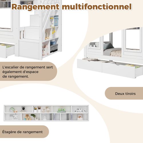 Lit Superposé Enfant 90x200 Cm Avec Escalier Avec Rangement, Lit Mezzanine, Bois Massif, Blanc