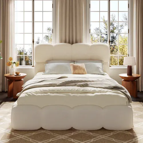 Lit Coffre Rembourré 140x190 Cm Avec Rangements, Lit Capitonné, Design Moderne, Tissu Bouclé, Blanc