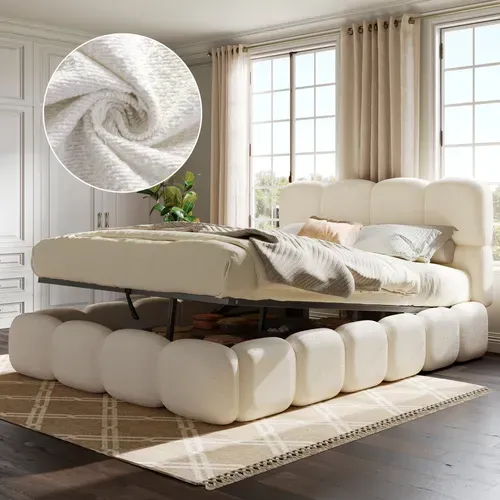 Lit Coffre Rembourré 140x190 Cm Avec Rangements, Lit Capitonné, Design Moderne, Tissu Bouclé, Blanc