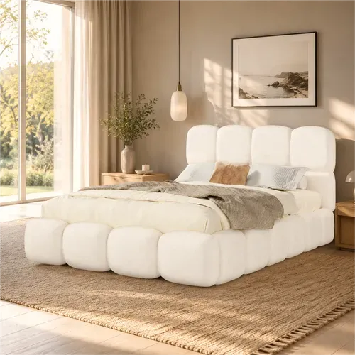Lit Coffre Rembourré 140x190 Cm Avec Rangements, Lit Capitonné, Design Moderne, Tissu Bouclé, Blanc