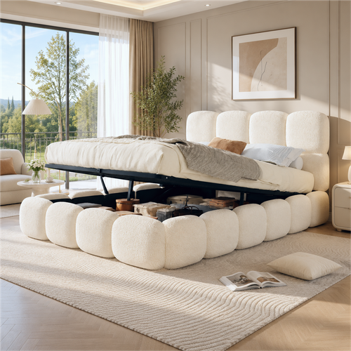 Lit Coffre Rembourré 140x190 Cm Avec Rangements, Lit Capitonné, Design Moderne, Tissu Bouclé, Blanc
