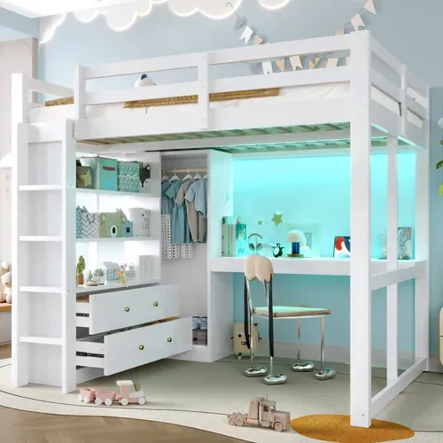 Lit Mezzanine 140x200 Cm Avec Bureau, Lit Surélevé, Armoire, 2 Tiroirs, LED, USB, Pin, Blanc