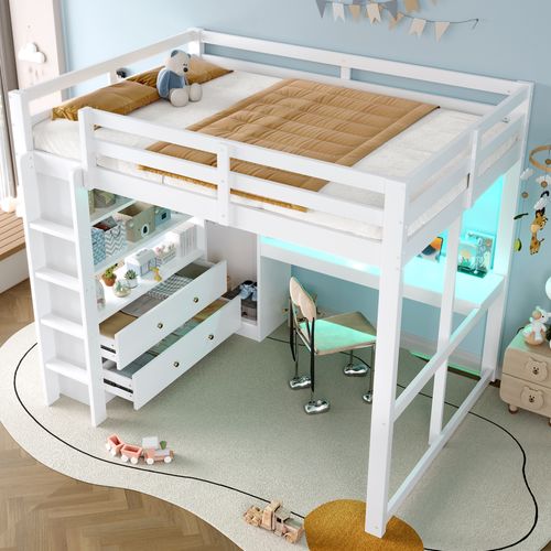 Lit Mezzanine 140x200 Cm Avec Bureau, Lit Surélevé, Armoire, 2 Tiroirs, LED, USB, Pin, Blanc