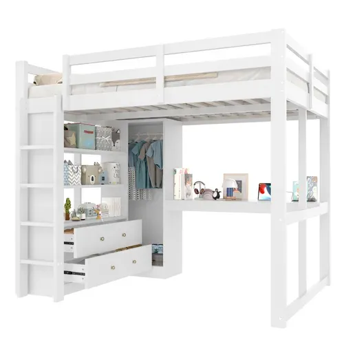 Lit Mezzanine 140x200 Cm Avec Bureau, Lit Surélevé, Armoire, 2 Tiroirs, LED, USB, Pin, Blanc