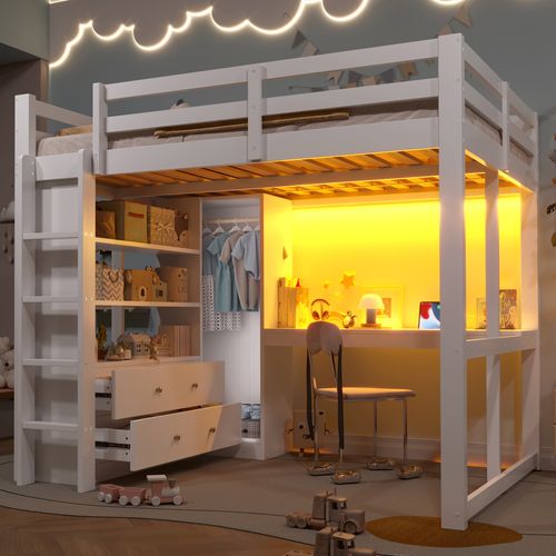 Lit Mezzanine 140x200 Cm Avec Bureau, Lit Surélevé, Armoire, 2 Tiroirs, LED, USB, Pin, Blanc