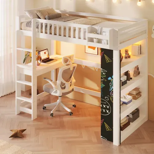 Lit Mezzanine 90x200 Cm Avec Bureau, Lit Surélevé, LED, étagère, Rangements, Blanc