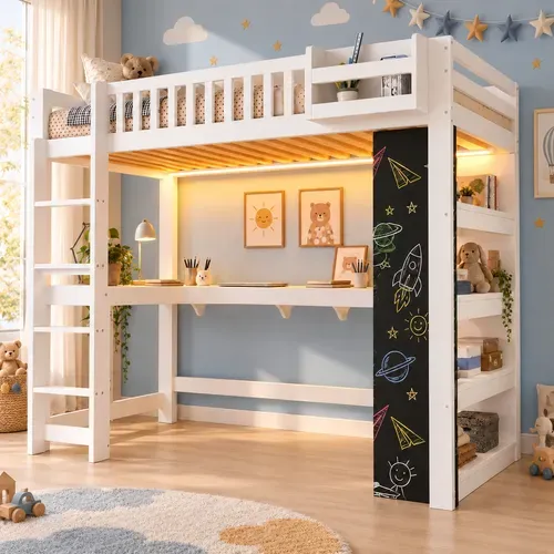 Lit Mezzanine 90x200 Cm Avec Bureau, Lit Surélevé, LED, étagère, Rangements, Blanc