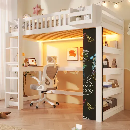 Lit Mezzanine 90x200 Cm Avec Bureau, Lit Surélevé, LED, étagère, Rangements, Blanc