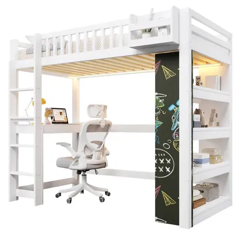 Lit Mezzanine 90x200 Cm Avec Bureau, Lit Surélevé, LED, étagère, Rangements, Blanc