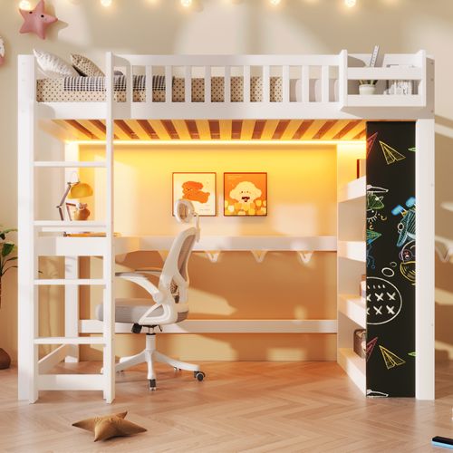 Lit Mezzanine 90x200 Cm Avec Bureau, Lit Surélevé, LED, étagère, Rangements, Blanc