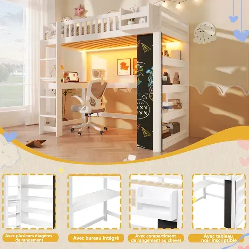 Lit Mezzanine 90x200 Cm Avec Bureau, Lit Surélevé, LED, étagère, Rangements, Blanc