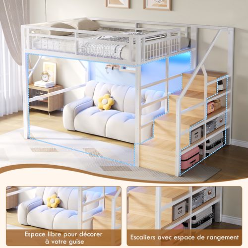 Lit Mezzanine 140x200 Cm Avec LED Et Escalier, Lit Surélevé Avec Rangements Intégrés En Métal, Blanc