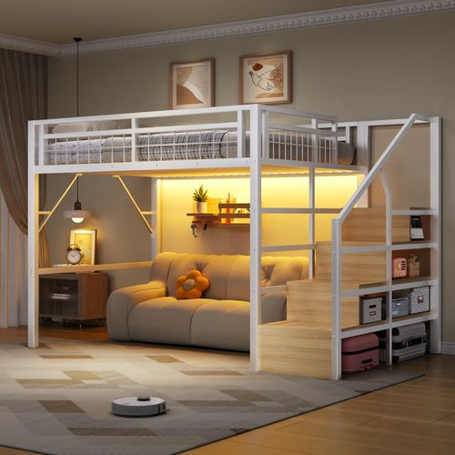 Lit Mezzanine 140x200 Cm Avec LED Et Escalier, Lit Surélevé Avec Rangements Intégrés En Métal, Blanc