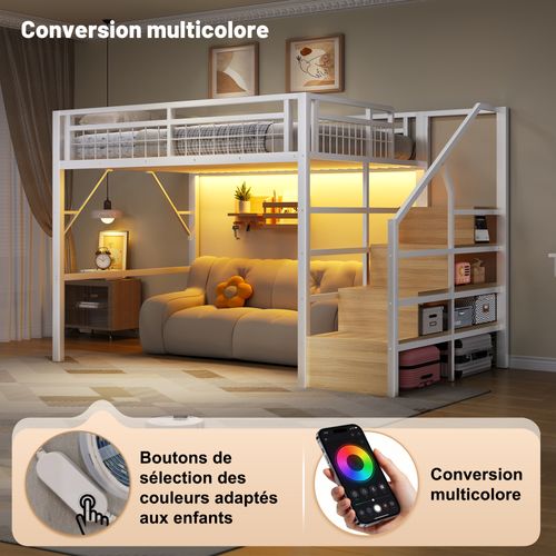 Lit Mezzanine 140x200 Cm Avec LED Et Escalier, Lit Surélevé Avec Rangements Intégrés En Métal, Blanc