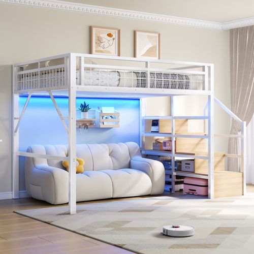 Lit Mezzanine 140x200 Cm Avec LED Et Escalier, Lit Surélevé Avec Rangements Intégrés En Métal, Blanc