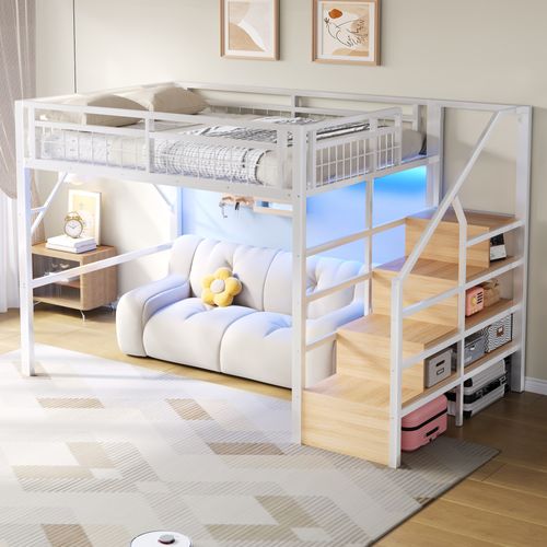 Lit Mezzanine 140x200 Cm Avec LED Et Escalier, Lit Surélevé Avec Rangements Intégrés En Métal, Blanc
