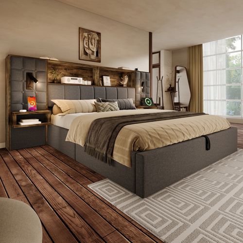 Lit Coffre 180x200 Cm Rembourré Avec 2 Chevets - 2 Liseuses - USB-c - Gris