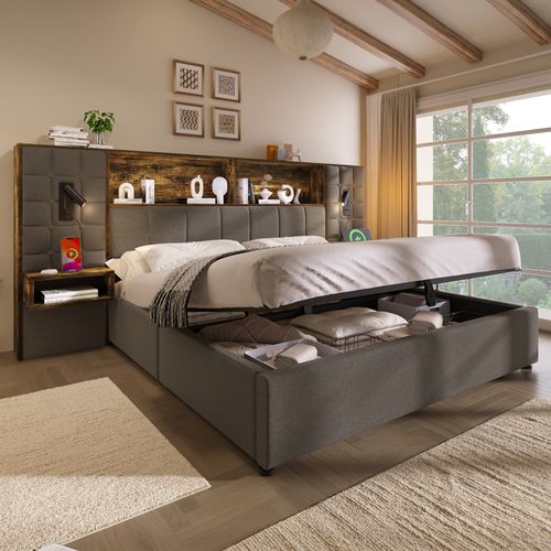 Lit Coffre 180x200 Cm Rembourré Avec 2 Chevets - 2 Liseuses - USB-c - Gris