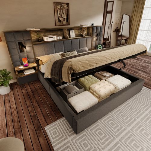 Lit Coffre 180x200 Cm Rembourré Avec 2 Chevets - 2 Liseuses - USB-c - Gris