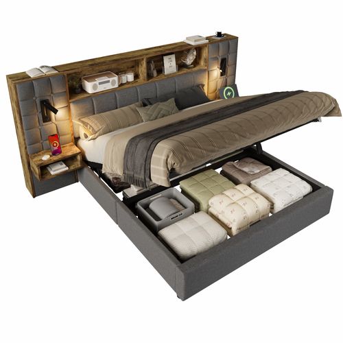 Lit Coffre 180x200 Cm Rembourré Avec 2 Chevets - 2 Liseuses - USB-c - Gris