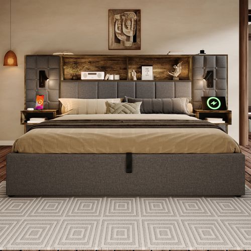 Lit Coffre 180x200 Cm Rembourré Avec 2 Chevets - 2 Liseuses - USB-c - Gris