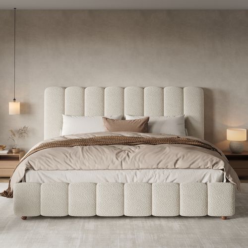 Lit Coffre Rembourré 180x200 Cm - Relevage Hydraulique - Sommier À Lattes - Bouclé Blanc