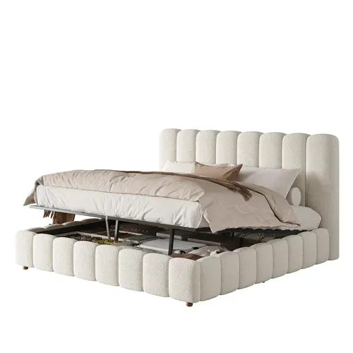 Lit Coffre Rembourré 180x200 Cm - Relevage Hydraulique - Sommier À Lattes - Bouclé Blanc