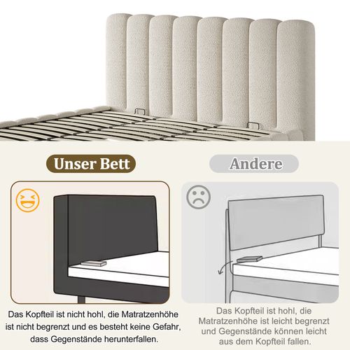 Lit Coffre Rembourré 180x200 Cm - Relevage Hydraulique - Sommier À Lattes - Bouclé Blanc