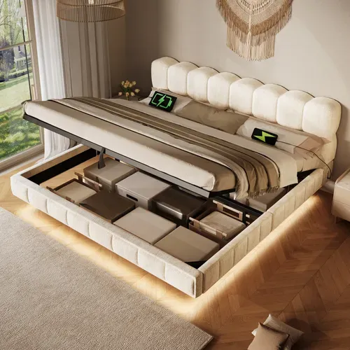 Lit Coffre Rembourré 140x190cm,nuage Capitonné,rangement Hydraulique,led,usb,type-c,chenille Beige