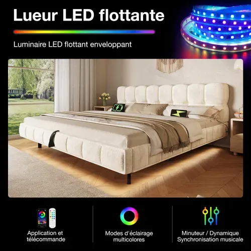 Lit Coffre Rembourré 140x190cm,nuage Capitonné,rangement Hydraulique,led,usb,type-c,chenille Beige