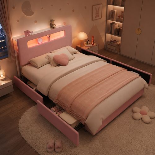 Lit Enfant Rembourré 140x200cm,tiroirs,tête De Lit Avec Rangements,led Pilotée Par Application,rose