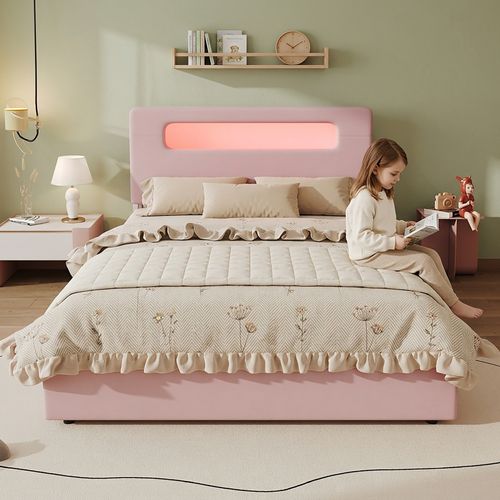 Lit Enfant Rembourré 140x200cm,tiroirs,tête De Lit Avec Rangements,led Pilotée Par Application,rose