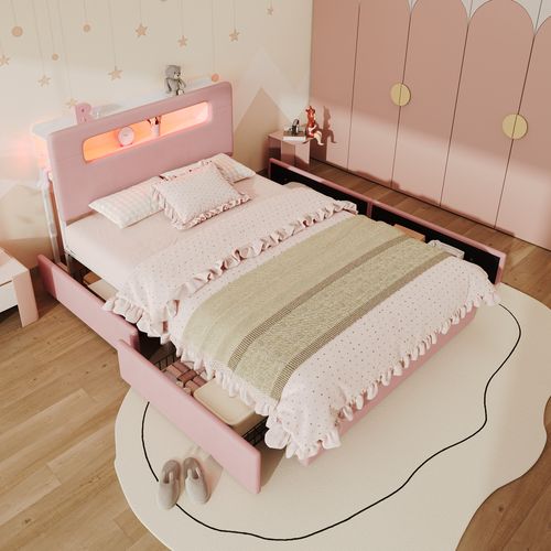 Lit Enfant Rembourré 140x200cm,tiroirs,tête De Lit Avec Rangements,led Pilotée Par Application,rose