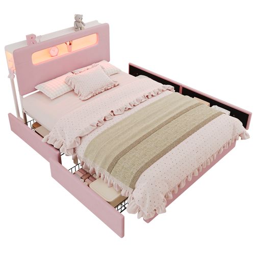 Lit Enfant Rembourré 140x200cm,tiroirs,tête De Lit Avec Rangements,led Pilotée Par Application,rose
