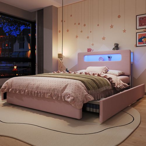 Lit Enfant Rembourré 140x200cm,tiroirs,tête De Lit Avec Rangements,led Pilotée Par Application,rose