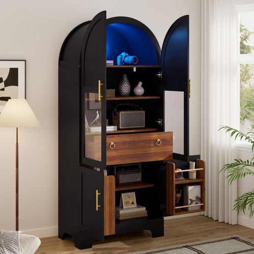 Vitrine Haute 76×40×180cm À Façade Cintrée, éclairage LED, 4 Portes, 1 Tiroir Et Façade Vitrée,noir