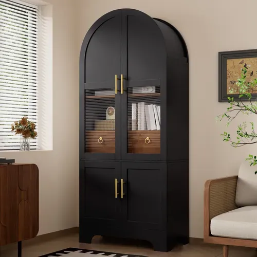 Vitrine Haute 76×40×180cm À Façade Cintrée, éclairage LED, 4 Portes, 1 Tiroir Et Façade Vitrée,noir
