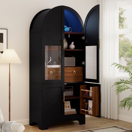 Vitrine Haute 76×40×180cm À Façade Cintrée, éclairage LED, 4 Portes, 1 Tiroir Et Façade Vitrée,noir