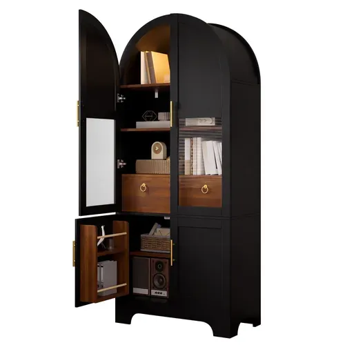 Vitrine Haute 76×40×180cm À Façade Cintrée, éclairage LED, 4 Portes, 1 Tiroir Et Façade Vitrée,noir