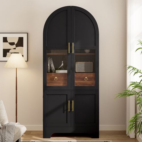 Vitrine Haute 76×40×180cm À Façade Cintrée, éclairage LED, 4 Portes, 1 Tiroir Et Façade Vitrée,noir