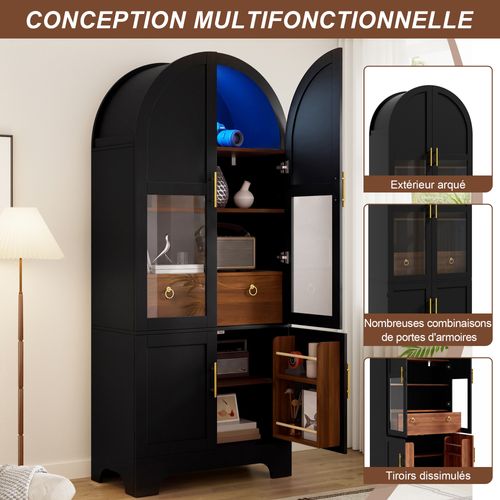 Vitrine Haute 76×40×180cm À Façade Cintrée, éclairage LED, 4 Portes, 1 Tiroir Et Façade Vitrée,noir