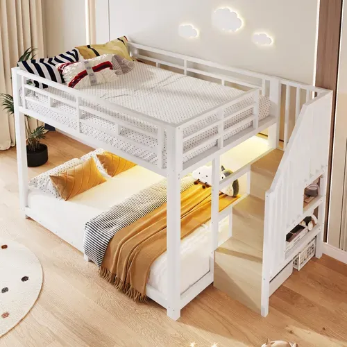 Lit Superposé 140x200cm Avec LED, 3 Compartiments De Rangement,stockage Et Garde-corps, Métal Blanc