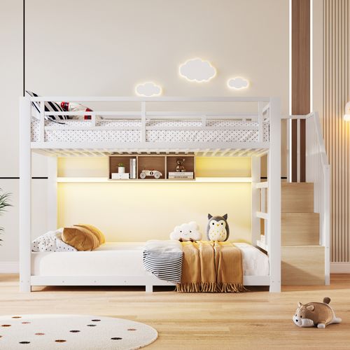 Lit Superposé 140x200cm Avec LED, 3 Compartiments De Rangement,stockage Et Garde-corps, Métal Blanc