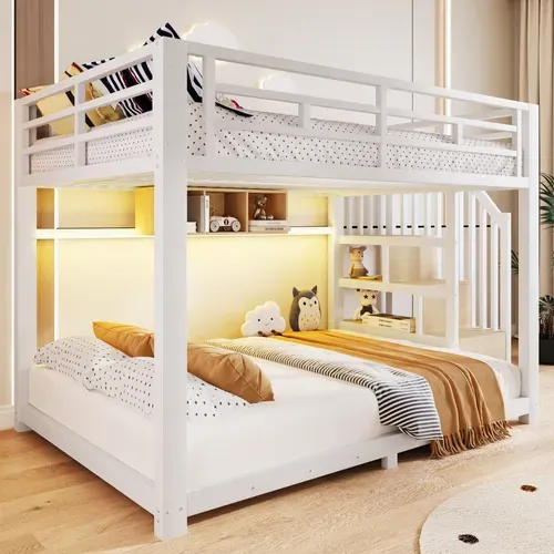 Lit Superposé 140x200cm Avec LED, 3 Compartiments De Rangement,stockage Et Garde-corps, Métal Blanc