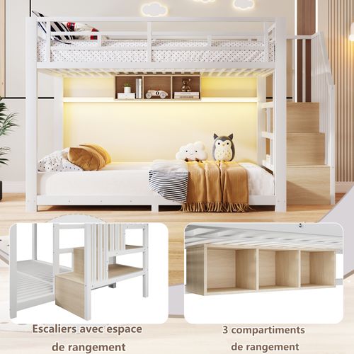 Lit Superposé 140x200cm Avec LED, 3 Compartiments De Rangement,stockage Et Garde-corps, Métal Blanc